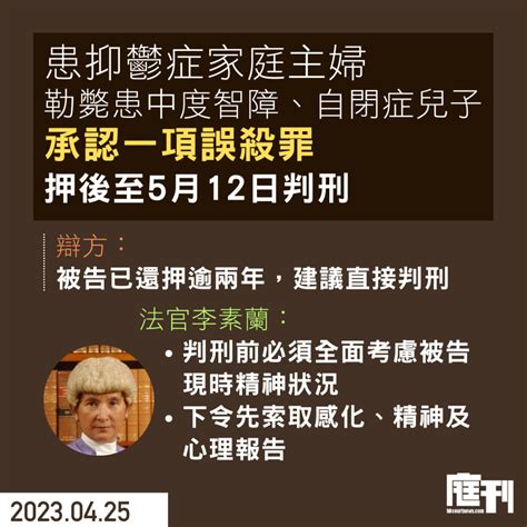 勒斃中度智障兒後自殺未遂 稱絕望下犯案 患抑鬱母親承認誤殺罪候判 庭刊