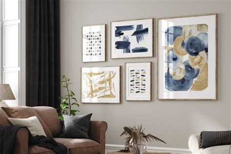 Navy Blue and Gold Wall Art Abstract Paintings Set of 6 - Etsy