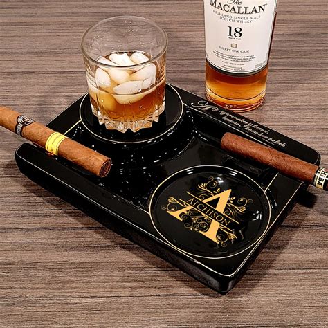 Personalized 2 Cigar Ceramic Ashtray 2 Drink Coaster Whiskey Etsy