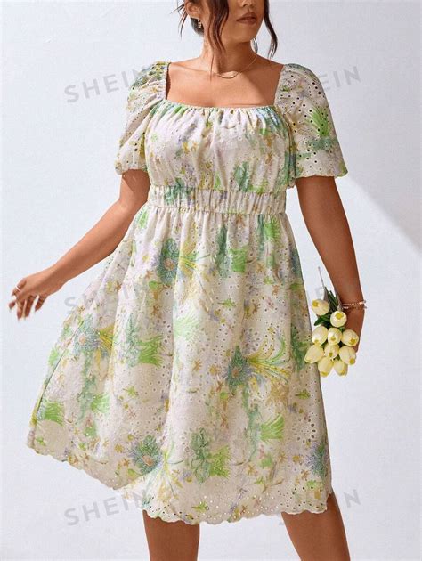 Shein Vcay Plus Size Womens Summer Floral Print Square Neckline Puff