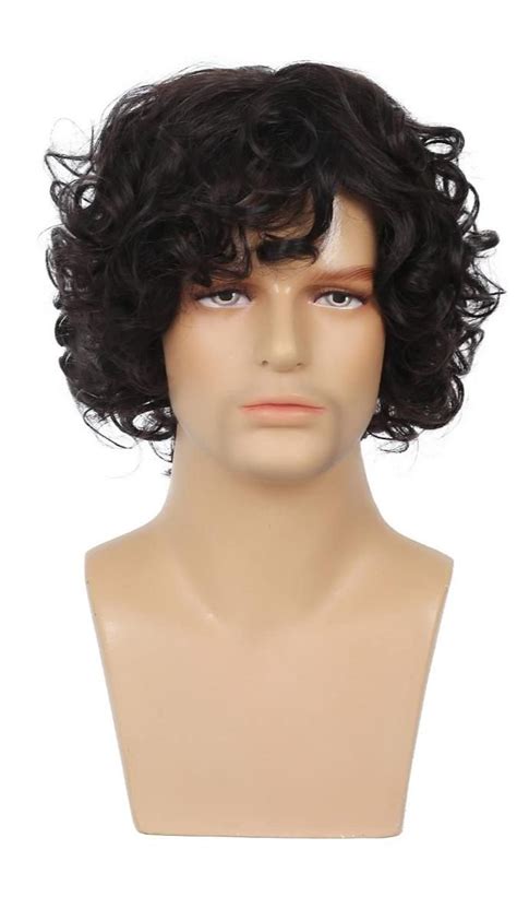 Swiking Mens Brown Curly Wig Short Fluffy Natural Synthetic Fiber Hair