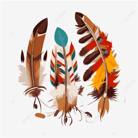 3 Colorful Feathers On White Background Vector Clipart Sticker Design With Cartoon Indian