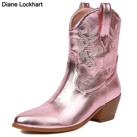 Pink Cowboy Cowgirl Boots For Women 2023 Fashion Embroidered Pointed Toe Chunky Heel Western