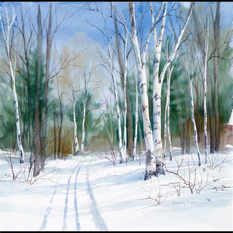 Winter Landscape Painting Watercolor Painting Birch Trail Giclee