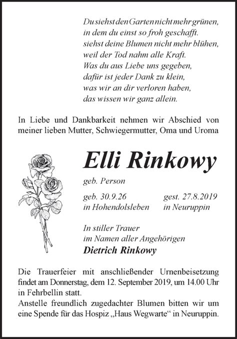 Traueranzeigen Von Elli Rinkowy M Rkische Onlinezeitung Trauerportal