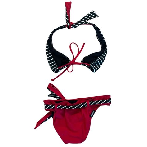 Nicolita Swim Womens Nicolita Cuban String Triangle Bikini Red Black And White Medium Poshmark