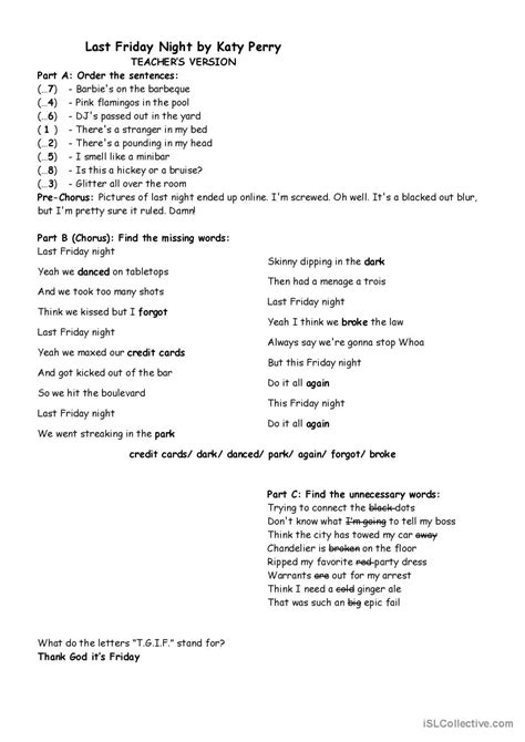 Song Last Friday Night By Katy Perr English ESL Worksheets Pdf Doc