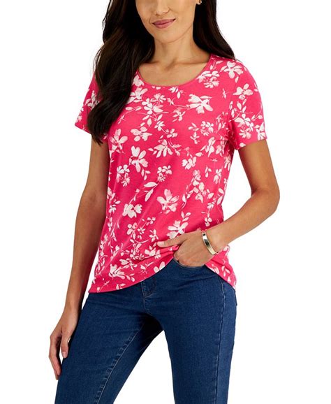 Karen Scott Womens Scoop Neck Short Sleeve Floral Top Created For Macys Macys