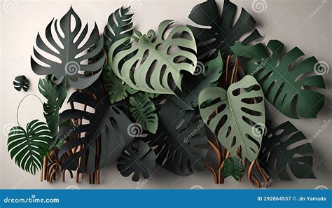 Tropical Monstera Leaves In Paper Cut Style D Rendering Stock