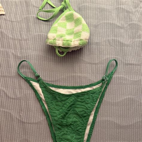 Green And White Bikini Set Green Checkered Top And Depop