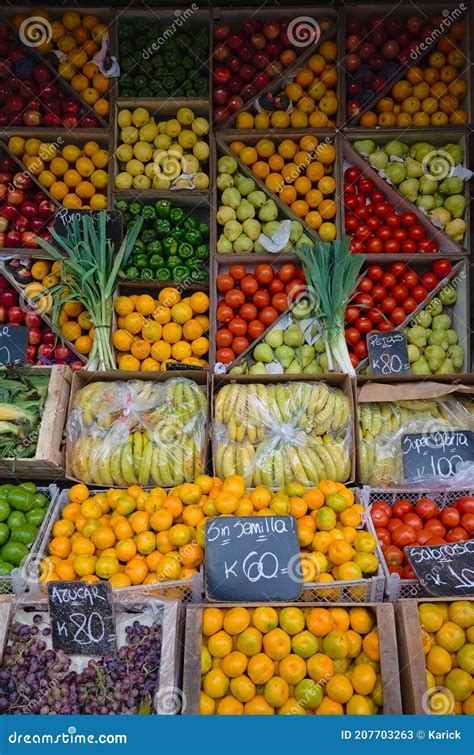 Market Stall With Fruits And Vegetables In Small Grocery Shop Stock