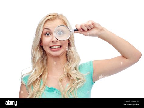 Surprised Young Woman Magnifying Glass Hi Res Stock Photography And