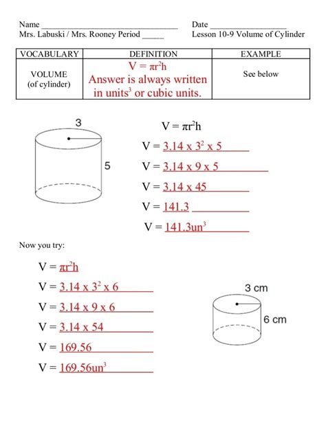 Volume And Surface Area Of Cylinder Worksheets