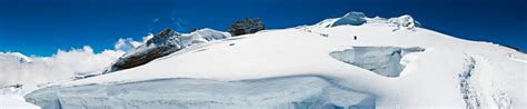 Mountaineers Crossing High Altitude Glacier Crevasses Snow Mountain