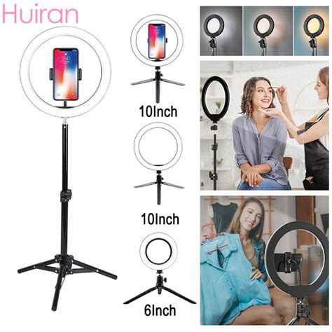 Dimmable Led Ring Light With Tripods Stand Phone Holder Desk Usb Selfie