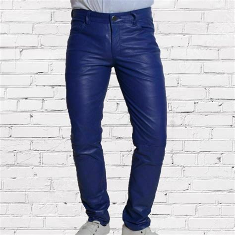 Men's Blue Leather Pants Lambskin Dress Pants Sizes 28 30 32 34 36 38 ...