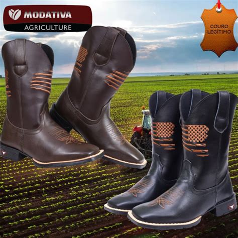 Bota Texana Country Couro Cano Longo Bico Quadrado Bordado USA Faz