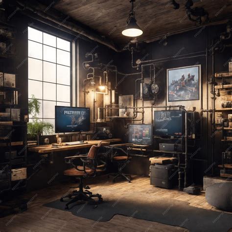 Premium Ai Image An Industrialstyle Gaming Room With A Large Pc