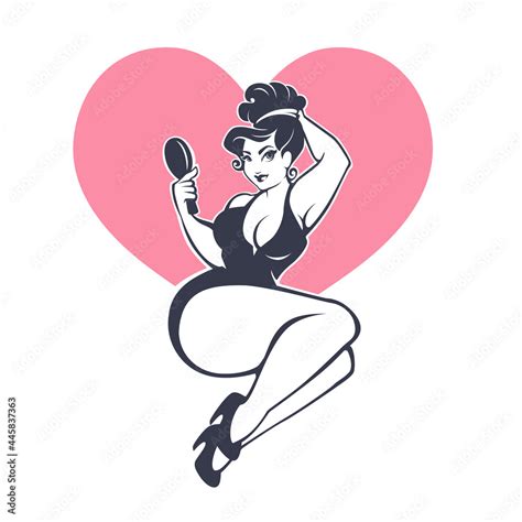 Happy Plus Size Pinup Girl On Heart Shape Background Stock Vector