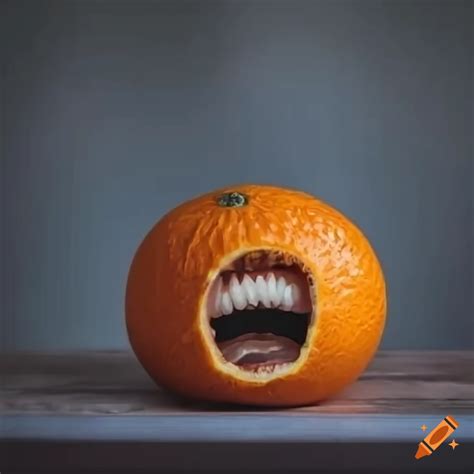 Creepy Orange With Wide Mouth And Black Eyes In A Retro Horror Theme On