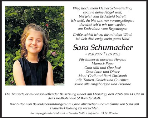 Traueranzeigen Von Sara Schumacher Saarbruecker Zeitung Trauer De