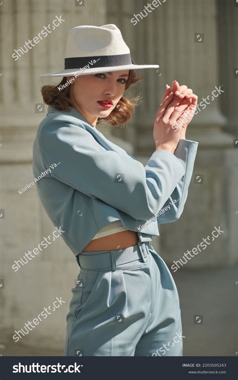 Elegant Brunette Woman Stylish Blue Pantsuit Stock Photo 2203505243 Shutterstock