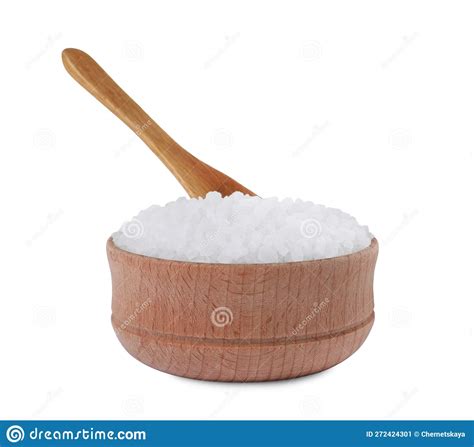 Wooden Bowl And Spoon With Natural Sea Salt Isolated On White Stock