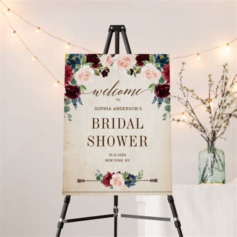 Burgundy Navy Floral Rustic Bridal Shower Welcome Foam Board Zazzle Floral Bridal Shower