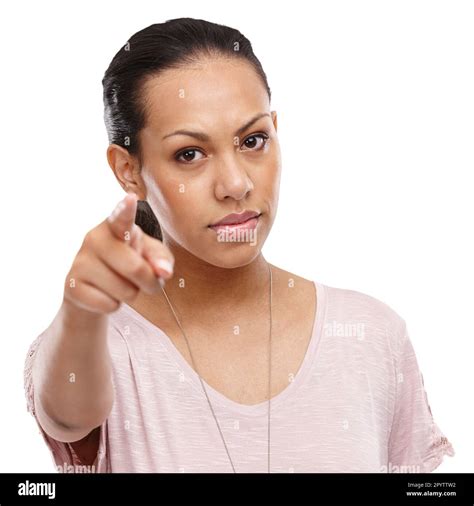 Angry Pointing And Portrait Of A Woman With Discipline On An Isolated