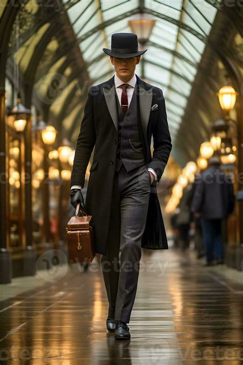 Elegance Redefined British Inspired Gentleman in Long Coat and Hat ...