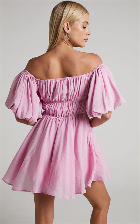 Jessra Mini Dress Off Shoulder Puff Sleeve Dress In Pink Showpo Usa