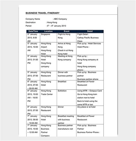 Business Travel Itinerary Template 23 Word Excel And Pdf