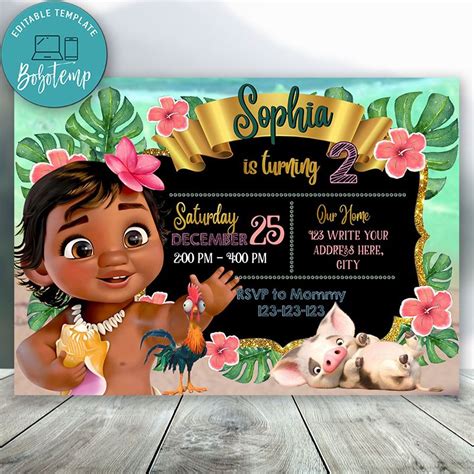 Editable Disney Princess Baby Moana Birthday Invitation DIY | Bobotemp