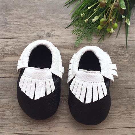 White Fringe Black Leather Moccasins | Little Caleb