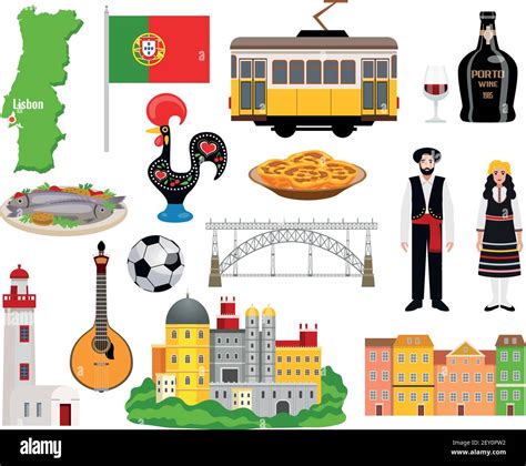 Portugal Tourism Icons Set With Cuisine And Map Symbols Flat Isolated