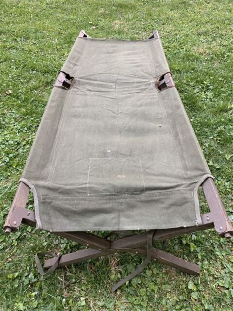 Vintage Army Military Green Canvas Folding Wood Cot Portable Bed Dated 1951 Ebay