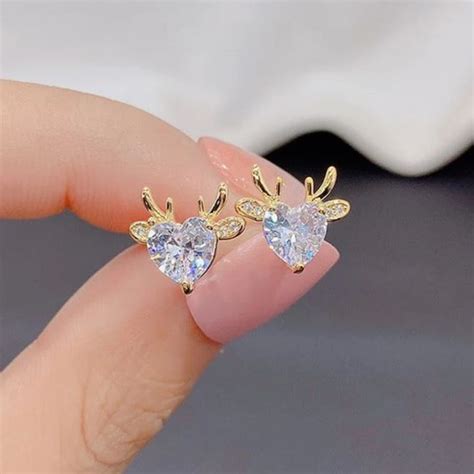 Huitan Cute Elk Shape Stud Earrings With Heart Cubic Zirconia Gold