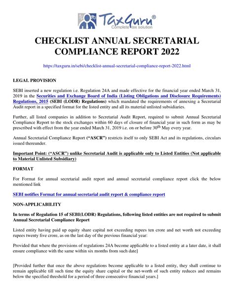 PPT Checklist Annual Secretarial Compliance Report 2022 PowerPoint