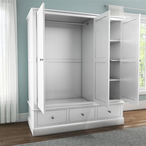 Harper White Solid Wood 3 Door 3 Drawer Wardrobe Furniture123