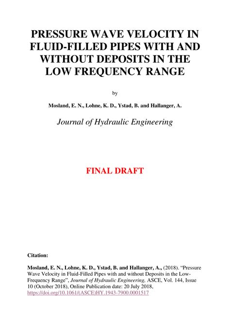 (PDF) Pressure Wave Velocity in Fluid-Filled Pipes with and without Deposits in the Low ...