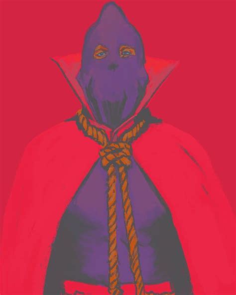 A Drawing Of A Person Wearing A Cape And Holding A Rope Around His Neck