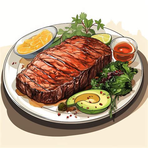 Premium Photo Hand Drawn Steak With Sauces And Salad Detailed