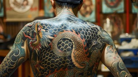 Premium Photo | A man with a full back tattoo of a dragon and a snake ...