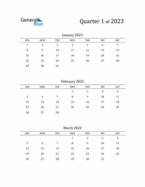 2023 Three-Month Calendar Template with Sunday Start - Quarter 1