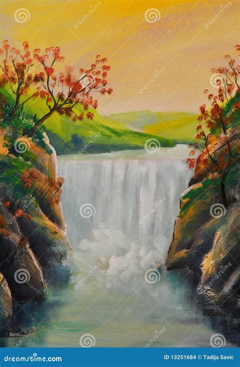 Oil landscape, waterfall stock illustration. Illustration of water ...