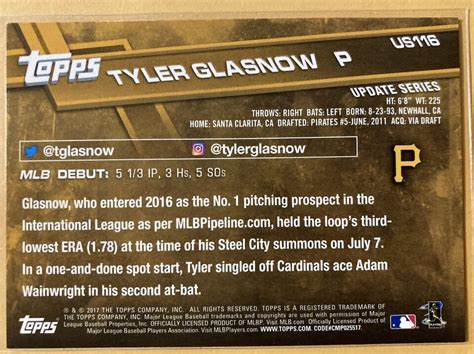 2017 Topps Update Tyler Glasnow Rookie Debut RC US116 Pittsburgh