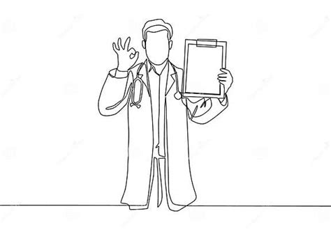 One Single Line Drawing Of Young Happy Male Doctor Showing Medical To