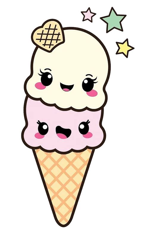 Süßes Kawaii Bild Zum Nachmalen Zwei Kugeln Eis In Waffel Drei Kleine