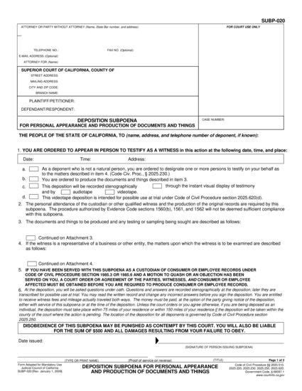 Deposition Subpoena For Personal Appearance And Production Of Documents