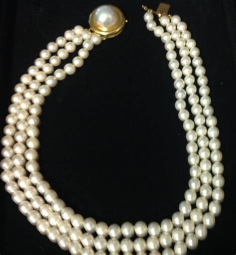 Three Strand Cultured Pearl Necklace With K Gold Clasp Ebay